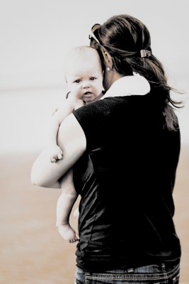 mom and baby embrace B&W